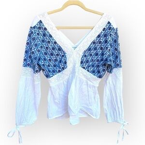 Sundance womens PS l.   long sleeve white blue boho shirt top blouse embroidered